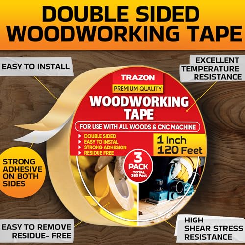 Image of Trazon Double Sided Woodworking Tape Super Strong, 3 Pack, 1 Inch x 120 Feet, Wood Crafter Sticky Tool, Two Side Adhesive for Router Templates and CNC Machine, Removable & Residue Free