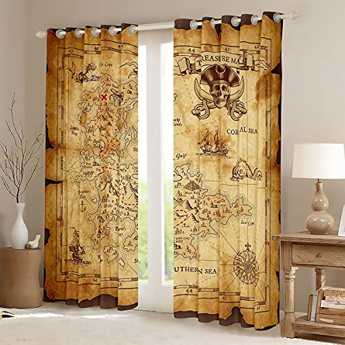 Feelyou Nautical Island Map Curtains Kids Vintage Old Map Pirate Ship Window Curtains For Bedroom Living Room Ocean Ancient Pirate Skull Window Treatments Decor,38 X 54 Inches,2 Panels #TOP2