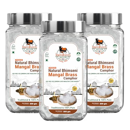Image of Lab Tested Natural Bhimseni Mangal Brass Camphor | 100% Pure Organic Solid Kapoor for Electric Diffuser, Havan, Aromatherapy | Premium Glass Jar (500gm Pack of 3)
