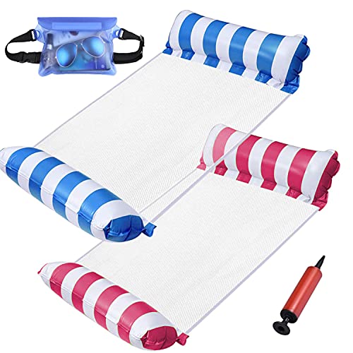 Pool Floats Adult Size- 2 Pack Inflatable Hammock with Manual Air Pump and Waterproof Bag, 4-in-1 Multi-Purpose Swimming Pool Toys (Hammock, Lounge Chair, Drifter, Saddle) Pink Blue