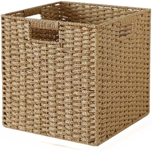 WhiteForest 収納バスケット 折り畳み式 手編み 2個入り ペーパーかご 持ち手付き 収納バスケット ボックス 籠 おもちゃ 小物収納 業務用 幼稚園 卓上 室内 屋外 小物ケース 大きい 天然素材 おしゃれ (27*27*27cm,カーキ)