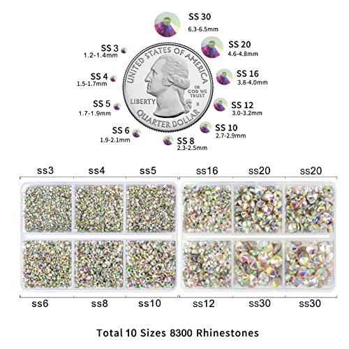 Image of Beadsland Flatback Rhinestones, Crystal AB, 8300pcs Mixed 10 Sizes