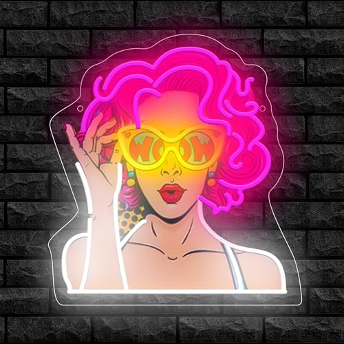 Image of Pop Art Beauty Lady Neon Sign For Wall Decor, Colorful UV Printed Neon Light with Retro Girl Design, LED Artwork for Bar, Bedroom, Game Room, Party Decoration Holiday Birthday Gifts