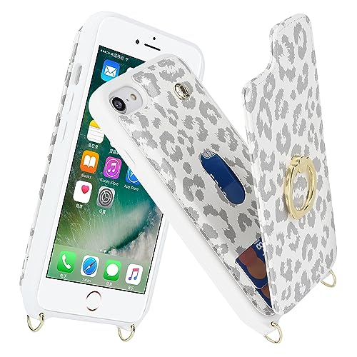 Image of for iPhone 7 Plus / 8 Plus Case with Card Holder and Strap for Women,Crossbody Lanyard,Kickstand Ring Stand,Snap Clasp,Cute Phone Wallet Cases 5.5 inch(White Leopard)