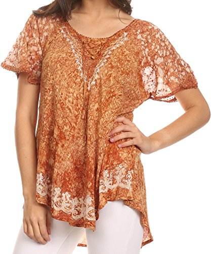 Image of Sakkas Ash Speckled Tiedye Embroidered Cap Sleeve Blouse Top with Embroidery Hems