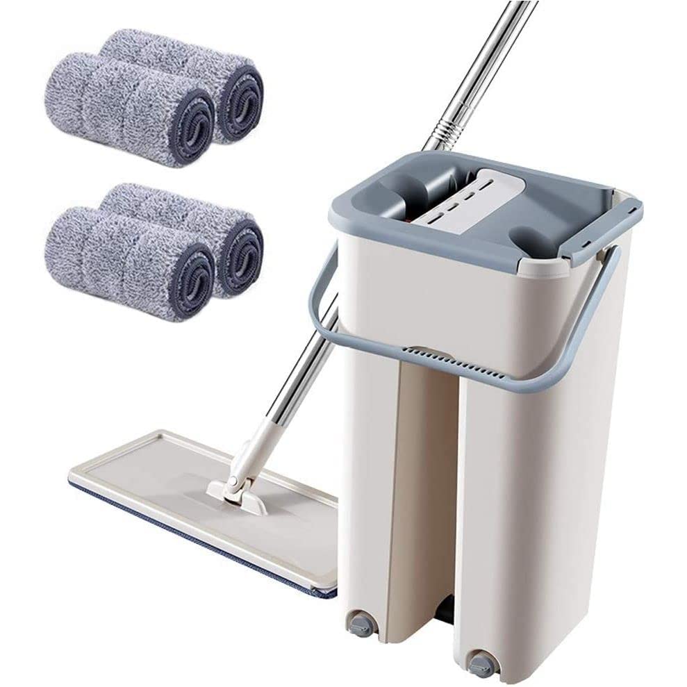 Image of Heavy Quality Floor Mop with Bucket, Flat Square Dinner Squeeze Mop Bucket System Cleaning Supplies 360 Flexible Mop Head /2 Reusable Ceramic Gift Pack