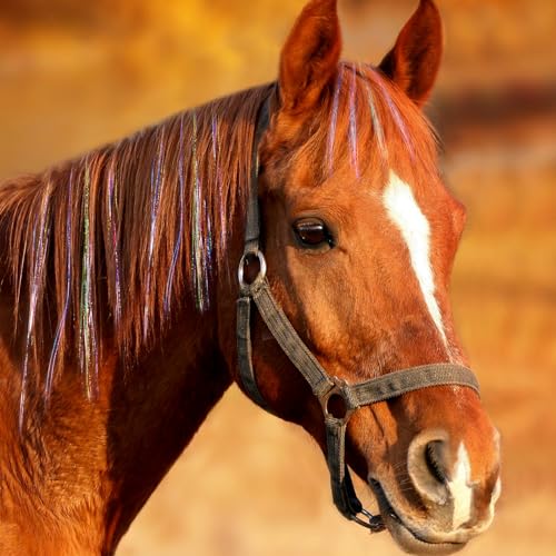 XunYee 50 Pcs Bling Pony Hair Tinsel Colorful Mane and Tail Glitter Strands Extensions Heat Resistant Rainbow Tinsel Hair Extensions Accessory for Western Horse Lovers Parties Show Supplies, 23.6''