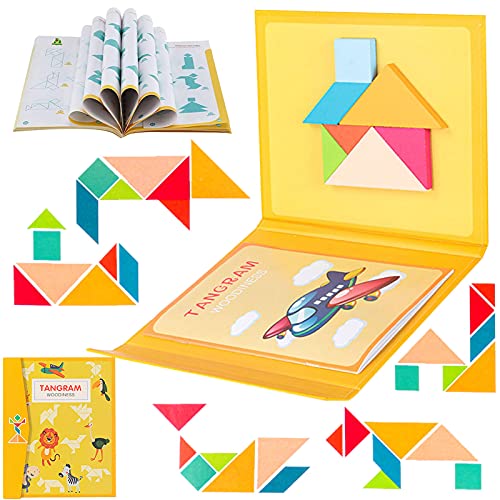 Magnétique Tangram en Bois,Puzzle De Jeux De Voyage,Puzzle De Jeu Tangram Apprentissage des Formes et Couleurs,Jeu Éducatif De Construction Et d'Imagination Cadeau Cadeau de Noël Anniversaire