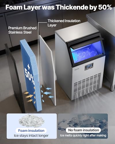 Image of VEVOR Commercial Ice Maker Machine with Pump, 100 lbs /24h with 26 lbs Storage Capacity, Built-in /Freestanding /Under Counter, Stainless Steel Ice Maker with LED Display & Self-Cleaning, for Home Bar
