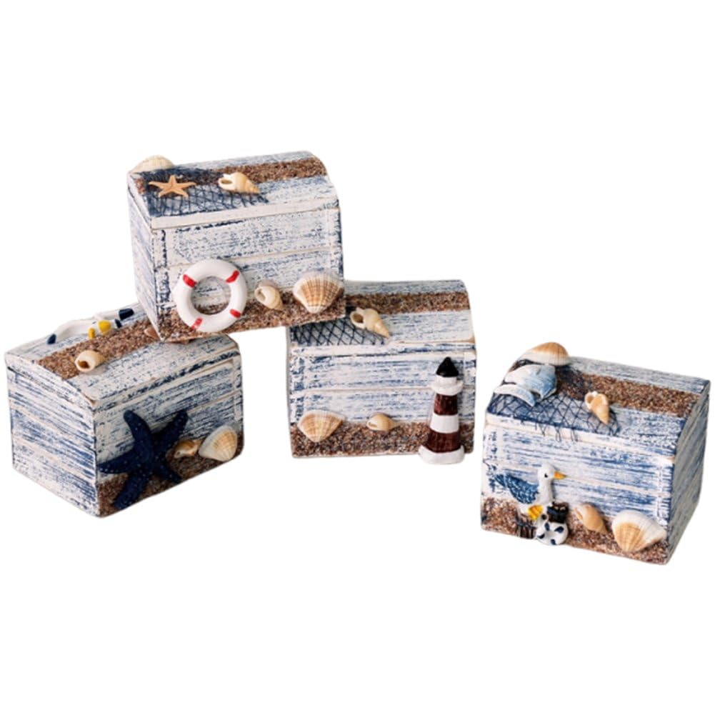 Sslvya 4pcs Ocean Style Wooden Boxes Decorative Storage Boxes Jewelry Organizer Chest for Desktop Trinket Storage and Packaging