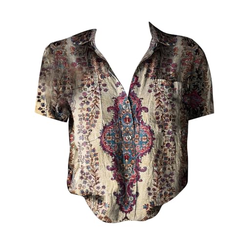 Linen Blouses for Women 2025 Women Cotton Shirt Printed V Neck Button Down Shirts Casual Tops Short Sleeve Blouse2