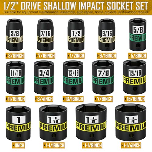 Image of 14-Piece 1 /2 inch Drive Shallow Impact Socket Set, 3 /8 inch to 1-1 /4 inch, Semi-Deep Sockets, Cr-V, Socket Set for Automotive and Home, SAE, 6 Point