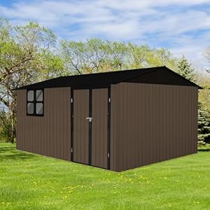  10x12-FT-Outdoor-Storage-Shed-Large-Metal-Garden-Shed-with-4-pane-Window-Outside-Tool-Shed-with-Lockable-Hinged-Door-4-Air-Vents-Waterproof-Storage-Building-for-Backyard-Patio-Lawn-BrownBlack