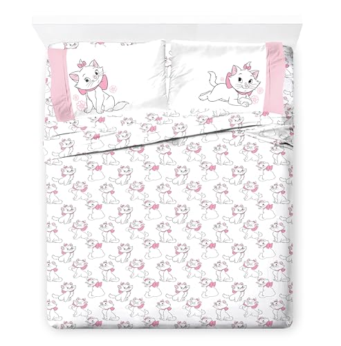 Image of Jay Franco Disney Aristocats Marie Full Sized Comforter Set - 7 Piece Bedding Includes Sheet Set & Pillow Covers - Super Soft Cozy White Kitty Bedding