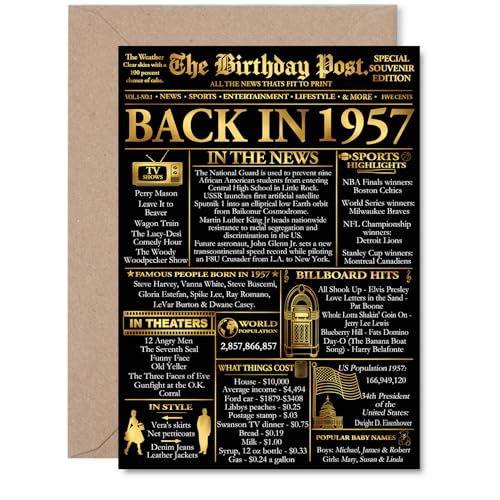 Stuff4 Gold 69th Birthday Card for Men Women - Black & Golden Newspaper Back in 1957 - Happy 69 Birthday Cards for Uncle Neighbor Nan Grandma Mom Friend, A5 Bday Greeting Cards
