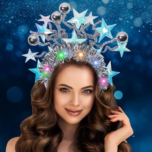 Fascia Luminosa per Carnevale, LED Cerchietto Carnevale Donna, Cerchietto Luminoso con Stelle e Luna, Glitter Fascia per Capelli per Feste (Blu)