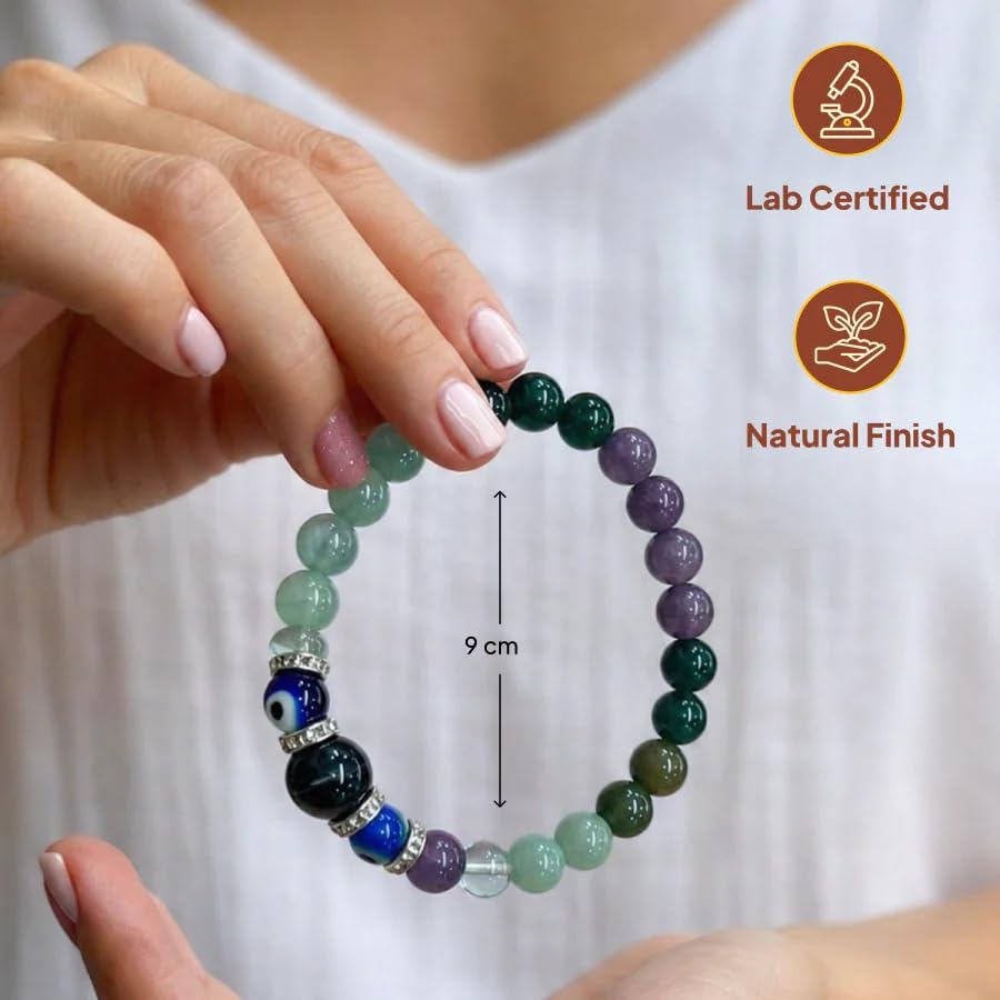 Image of Kanya (Virgo) Rashi Bracelet | Lepidolite, Green Jade, Moss Agate, Amazonite, Fluorite, Evil Eye | Ideal For Wisdom & Refinement | Balances Overthinking & Supports growth | For Men & Women