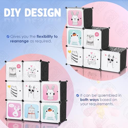 Image of ABOUT SPACE Plastic Kids Wardrobe - DIY 8 Cube Almirah with Cartoon Door, Side Cloth Hanger, Door Magnet & Hamer - Collapsible Baby Clothes Organizer| Storage for Baby Clothes Boys Girls - Black