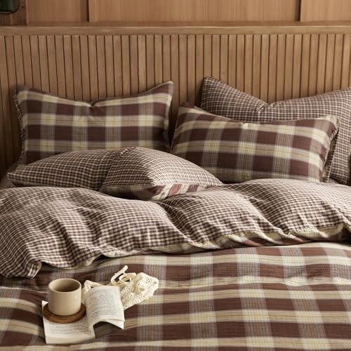Image of EAVD Vintage Yellow&Brown Plaid Duvet Cover King Soft 100% Muslin Cotton Retro Grid Checkered Plaid Bedding Set with 2 Pillowcases Farmhouse Reversible Gingham Duvet Cover with Zipper Closure