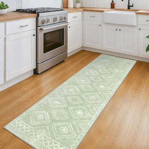 KILOCOCO Boho Kitchen Runner Rug 2x6 Washable Soft Runners for Hallways Non Slip Printed Distressed Laundry Room Rugs, Low-Pile Rugs for Entryway/Bedroom/Living Room, Grey Green