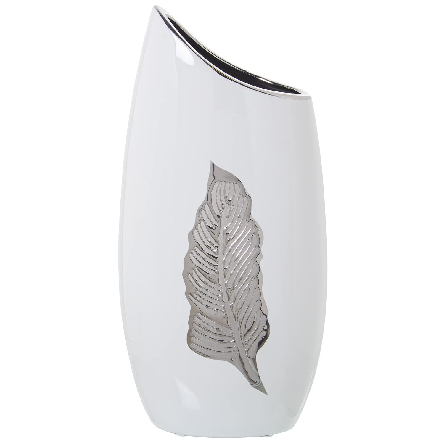 Vase en céramique argenté et blanc à motif feuille de 39 cm de hauteur