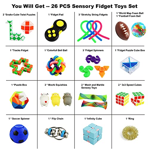 Kinzook 26 Pcs, Pop It Fidget Toy Pack, Relieves Stress & Anxiety, Best Multi Item Sensory Toys For Children Above 3 Years & Adults, Widget For Relaxing Therapy, Classroom Rewards Prizes #TOP2
