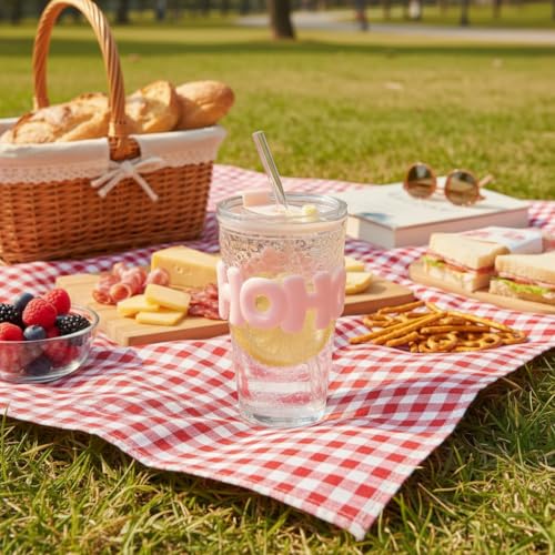 Image of Glass Sipper Tumbler with Straw | 450ml Stylish Cup for Cold & Hot Drinks | Reusable Travel Mug for Office, Gym, Home (Transparent, Pink)
