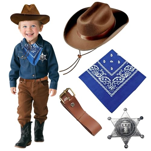 Dazzroi 4Pcs Western Cowboy Accessories Set Farm Costume Fancy Dress Kit with Cowboy Hat Golden Badge Blue Bandana Brown Belt for World Book Day Halloween Party Dress Up Day