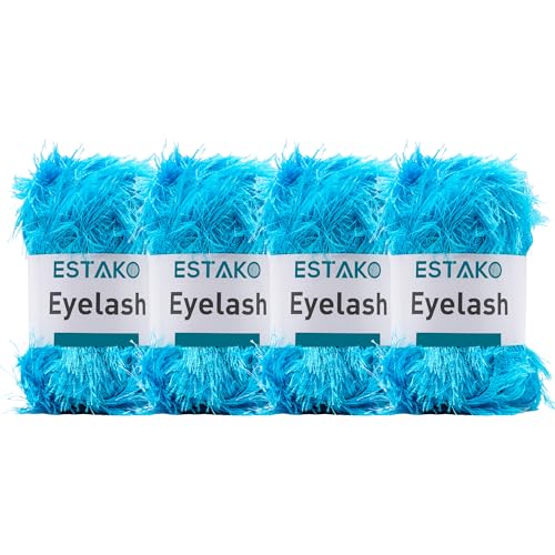 Estako Eyelash Yarn, Soft Fuzzy Faux Fur for Crochet, Turquoise, 4-Pack