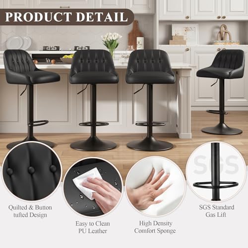 Image of MALOL Bar Stools Set of 4, Swivel Bar Chairs, Modern Adjustable PU Leather Upholstered Barstools Counter Height with Tufted Back for Bar, Kitchen Counter Island, Dining Room, Black
