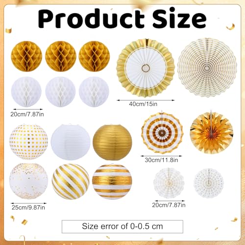 Image of Retisee 18 Pcs Metallic Gold Party Decorations Kit Hanging Metallic Gold Paper Lanterns Paper Fans Honeycomb Balls for Back to School Classroom Party Decoration Birthday Wedding Supplies