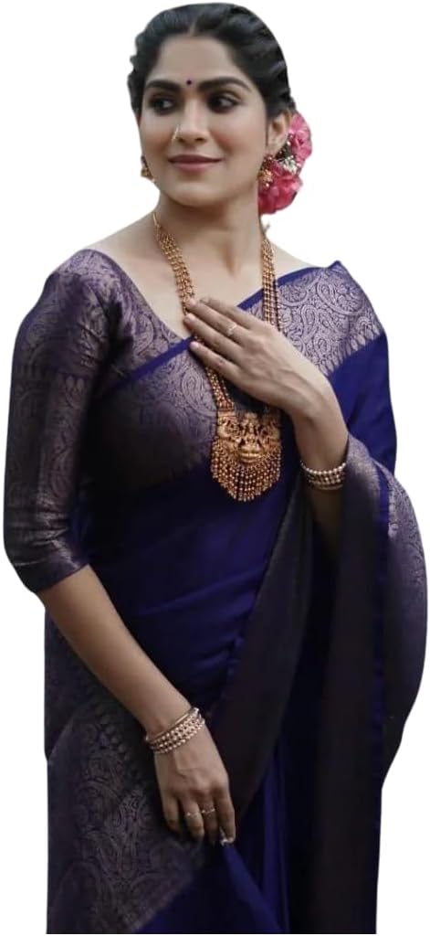 C J Enterprise Women's Pure Banarasi Style Kanjivaram Silk Saree With Blouse Piece For Wedding (Yatri)