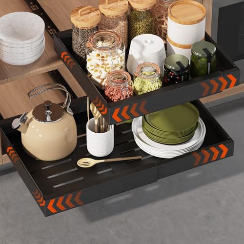 2 Pack Expandable Pull Out Cabinet Organizer 16.5" Deep, Adjustable Width 12.6"-20.5", No Drill Adhesive with Triple Track Rails, Heavy Duty Slide Out Drawers for Kitchen,Pantry,Cabinets,Black