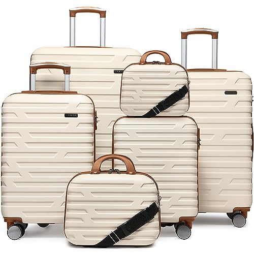 6-Piece Hardshell Luggage Sets with Cosmetic Cases–Hardside Suitcase Set (Carry-On + Checked)Expandable Hard Shell Suitcases,360° Double Spinner Wheels,Travel-Ready Suitcase Set (Cream+Brown)