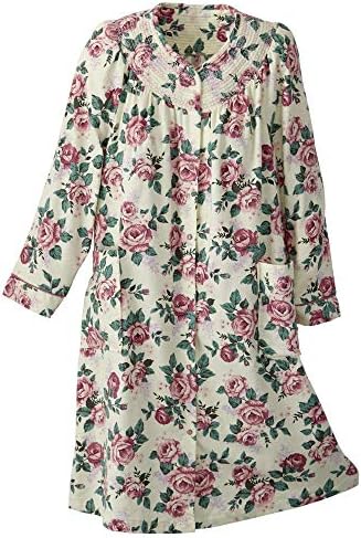 National Floral Flannel Duster, Cotton Flannel, Incredibly Soft, Trapunto Yoke Decorative Stitching, Full Snap Front, Pink Floral, 1X