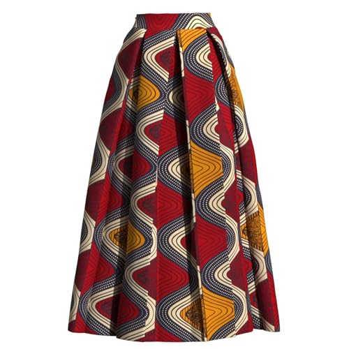 XUHOGU Jupe Midi Plissée Haute Taille Femme – Imprimé Africain Ankara, Coupe A Évasée pour...