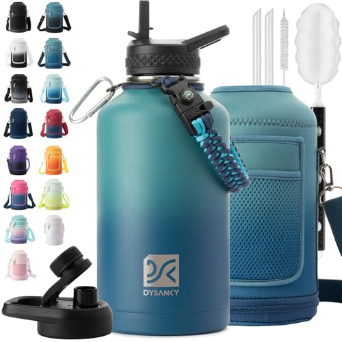 Insulated Water Bottle | Thickened Stainless Steel Vacuum Metal | Portable Sports Half Gallon Large Water Jug for Gym and Hiking with Straw, Carrier Bag, Handle Strap | BPA-Free 64 oz