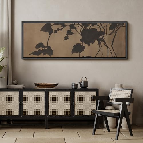 Image of MUDECOR Large Framed Canvas Print Wall Art Minimalist Shadow Leaves Neutral Botanical Silhouette Antique Retro Ready to Hang Painting for Living Room Bedroom Multi-Sizes - 60 inchx20 inch