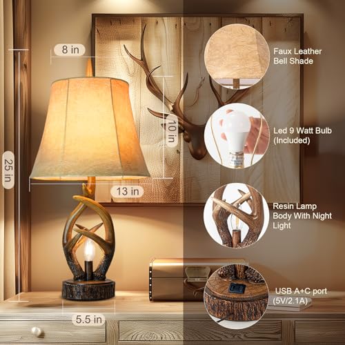 Scenekoy Rustic Farmhouse Antlers Bedside Table Lamp Set Of 2 With Nightlight Dual Usb Ports Leather Soft Bell Shade Brown Finish Nightstand Lamp Decor For Living Room Bedroom Office House Hotel thumb #1