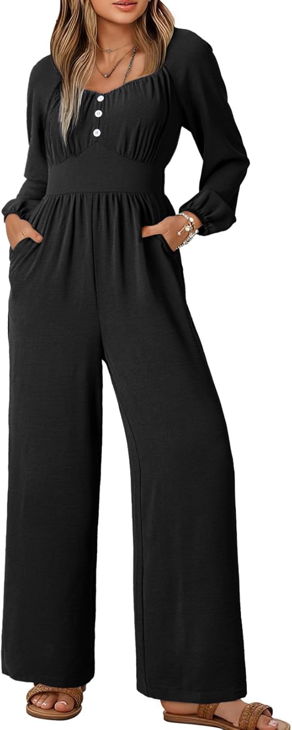 Dokotoo Jumpsuits for Women 2026 Spring Long Sleeves Square Neck Button Decoration Rompers Overalls with Pockets - Image 4
