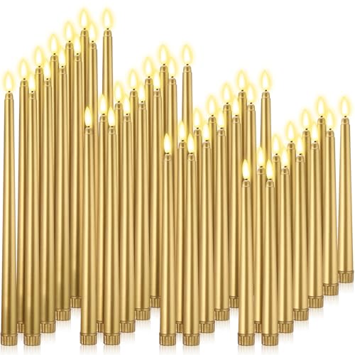 Image of Rossesay 48 Pcs Flameless LED Taper Candles Battery Operated Candles 4 Sizes of 8.5'', 9.65'', 10.83'', 12.8'' Flameless Candlesticks Flickering for Halloween Christmas Church Wedding(Golden)