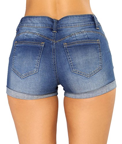 Govc Women Casual Summer Mid Waist Stretchy Denim Jean Shorts Junior Short Jeans(Dark Blue,S)