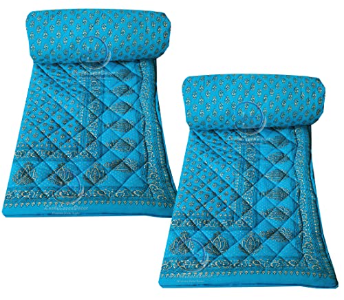 Image of Jaipuri Razai Single Bed Gold Print with Computerized Quilting Use as Soft and Breathable Cotton Comforter Quilt Rajai Blanket Dohar Size 55X85 inch Sky Blue Pack of 2