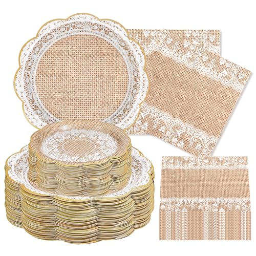 200Pcs Burlap and Lace Party Supplies Brown Burlap Paper Plates