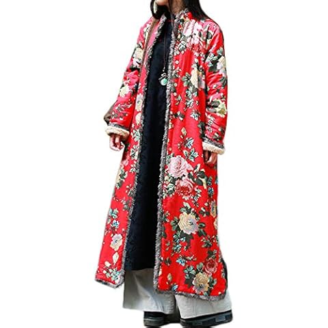 LZJN Women's Warm Fleece Lining Trench Coat Jacket with Floral Print Chinese Style Overcoat (Red, M) Cover