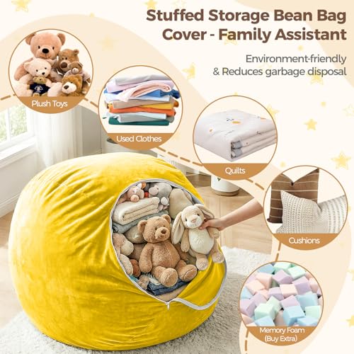 Image of Stuffed Animal Storage Bean Bag Chair Cover for Adults (No Filler), Soft Comfy Velvet Beanbag Chair Cover Machine Washable, Adults Bean Bag Chair with Handle for Living Room Bedroom, Yellow