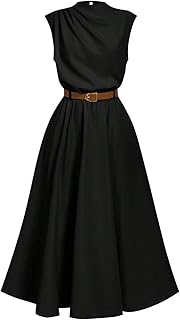 OYOANGLE Women's Mock Neck Ruched Belted Dress Cinched Waist A Line Dress