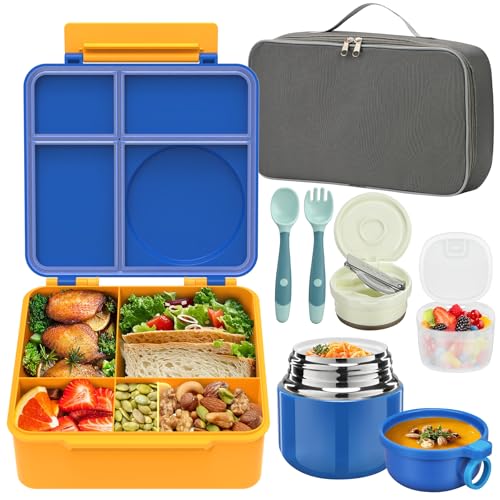 Reeple Bento Lunch Box for Kids with 12oz Soup Thermo, Leak-Proof Lunch Containers with 5 Compartments, Insulated Lunch Bag, Thermo Hot Food Jar with Spoon for Kids to School, Travel, Blue