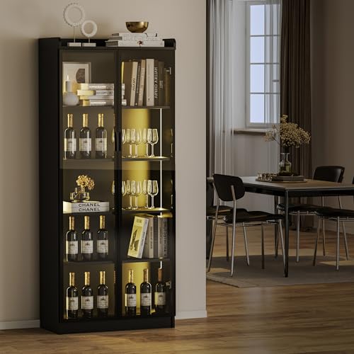 Contemporary 65 Display Cabinet with Acrylic Glass Door, LED Bookcase with 3-Color Sensor Lighting for Bedroom, Living Room, Office