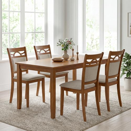 Image of GIANTEX Wooden Dining Chairs Set of 4, Farmhouse Side Chairs w /Solid Rubber Wood Frames, Comfortable Backrests, Upholstered Fabric Kitchen Chairs, Perfect for Dining Room, Restaurant
